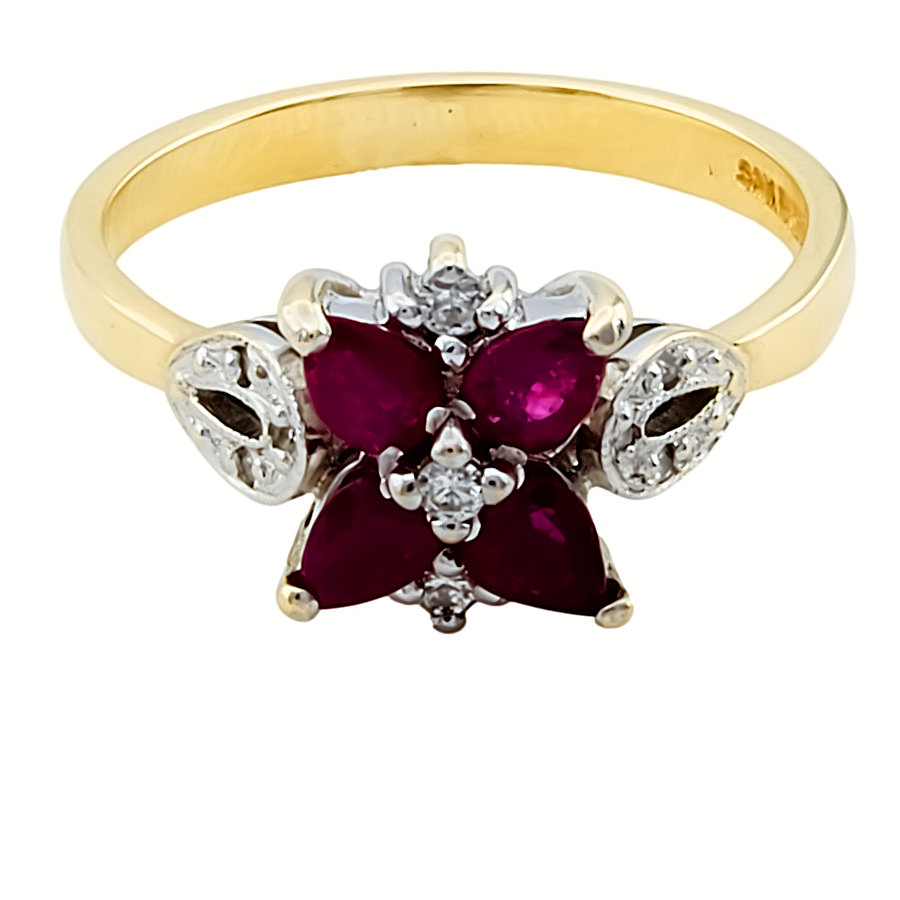 9ct Gold Ruby / Diamond Cluster Ring size O
